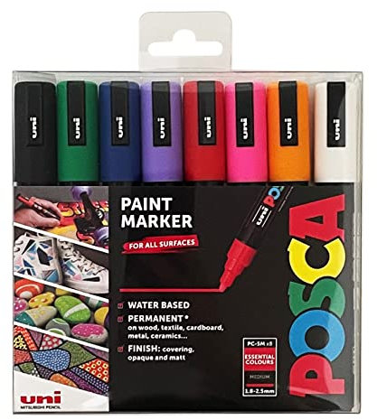 Posca Pens PC-5M Medium Acrylic Felt Tip Coloured Permanent Paint Markers for Adults and Kids. Perfect for Colouring, Fabric, Graffiti, Watercolour, Outline Drawing, Window and Glass Art. 8 Pack