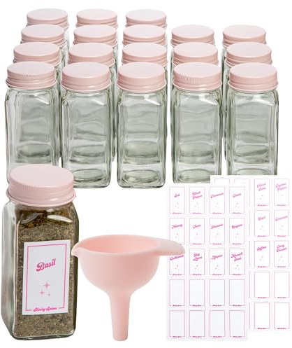 Paris Hilton Glass Spice Jar Storage Set, 4-Ounce Empty Spice Jars with Labels, Shaker Caps and Metal Lids, Collapsible Funnel Included, 20-Piece, Pink