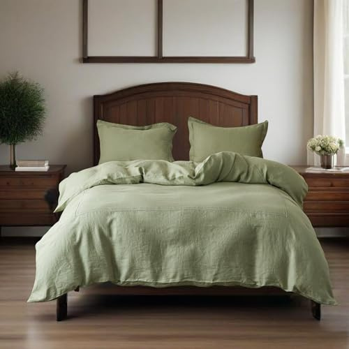 Simple&Opulence 100% Washed Linen Duvet Cover Set 68x86 - 2 Pieces Soft Farmhouse Comforter Set Double Embroidered with Button Closure - 1 Duvet Cover and 1 Pillowsham (Sage Green, Twin)