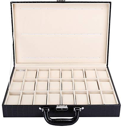 Focket 16.9 x 11.4 x 3.5inch Uhrenkoffer, 24 Raster PU Leder Uhrenkoffer mit Schlüssel abschließbar, schwarzer Wasserdicht Uhrenkoffer für Damen- und Herrenuhren verschiedener Größen