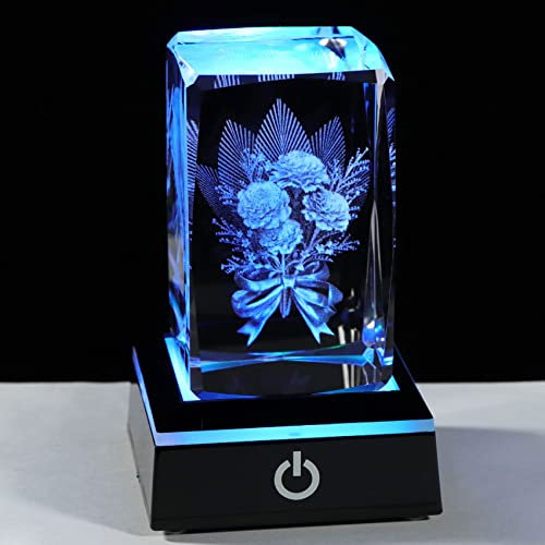 Movdyka Figura de ramo de claveles 3D grabada con cristal, regalos coleccionables para mujeres, cubo de vidrio grabado con recuerdo de claveles con lámpara LED, ideas para mamá, hija y ella