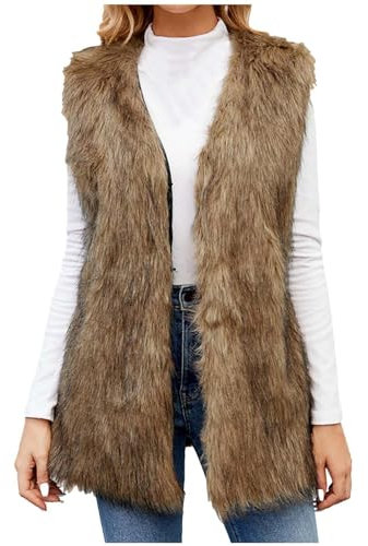 EMATOP Fell Weste Damen Warm Pelzmantel Ärmellos Elegant Fellmantel Lang Vintage Pelzjacke Steppweste Casual Kunstfell Jacke Fellweste Einfarbig Mode Pelzweste Herbst Winter Pelzjacke Mantel