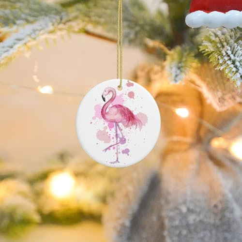 Weihnachtsschmuck, runde Keramik-Ornamente, Vintage, Boho, Flamingo, Blumen, bedruckt, Weihnachtsbaum, Keramik, hängende Ornament für Weihnachten, Urlaub, Party-Dekorationen