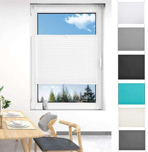 Plissee Nach Maß Ohne Bohren 25 x 80 cm Einfache Montage, Pflegeleicht Jalousien Fenster Für Innen 2 Bedienschienen aus Aluminium für Schlafzimmer, Weiß