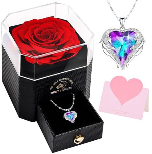 Handgefertigte Ewige Rose Box, 8 cm Große Konservierte Rosen mit Blau-lila Edelstein Halskette Valentinstag Hochzeit Jahrestag Geburtstag Ehefrau Mutter Schwester