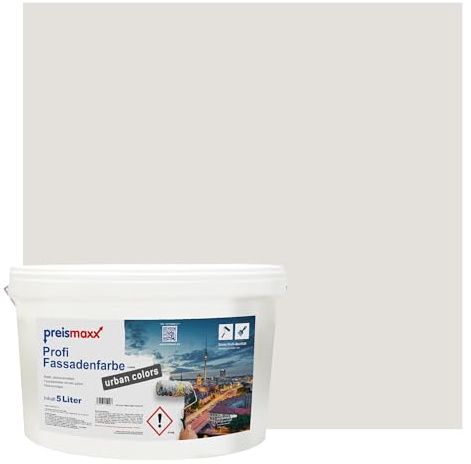 Preismaxx Profi Fassadenfarbe Grau Greige silikonharzverstärkt aussen 5l | Für Putz Beton, Abperleffekt, wasserabweisend, UV-beständig, hohe Deckkraft, rissfüllend, diffusionsoffen, Made in Germany,