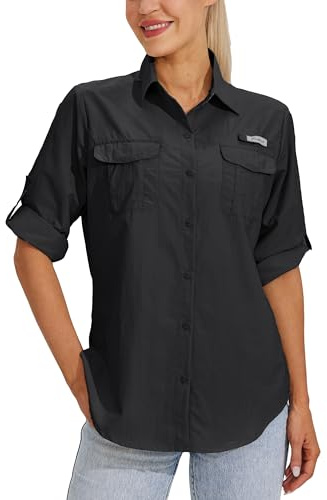 WILLIT Camisa para mujer, blusa de senderismo UPF 50+ UV, camiseta de manga larga, camiseta funcional Safari Angel SPF de secado rápido, camisas de senderismo y exteriores, Negro , M