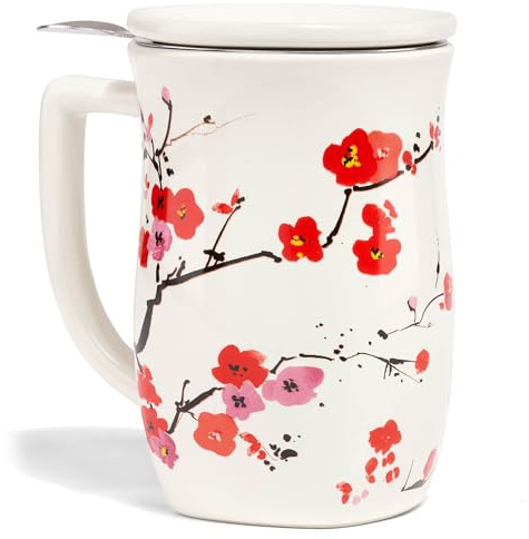 Tea Forte Taza de té de cerámica Fiore con infusor, Sakura, 14 onzas | Taza de té de cerámica, infusor de acero inoxidable, tapa incluida, apta para microondas y lavavajillas, 14 onzas