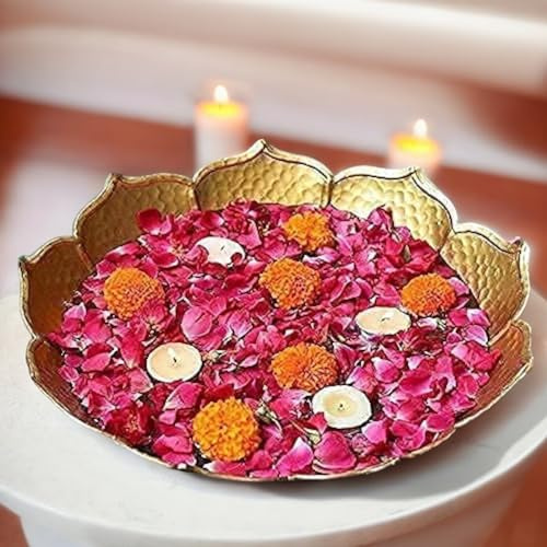 IGH Pack Of 1 Pcs Gold Lotus Urli Bowl for Water Floating Flowers Pot and Tea Light Candles Holder, Traditional Metal Bowl for Wedding Pooja Home Office Table Diwali Decoration