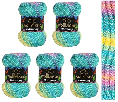 5 x 100g Wollbiene Harmony Batik 500 Gramm mit Farbverlauf 30% Baumwolle mehrfarbig Multicolor Strickwolle Häkelwolle Wolle Ganzjahreswolle (8030 türkis grün gelb beere)