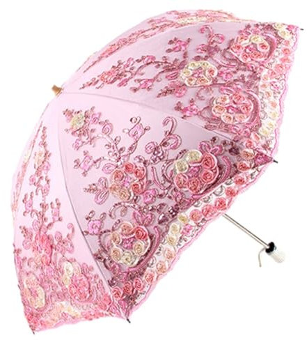 Asudaro Hochzeit Braut Sonnenschirm Regenschirm Vintage Faltbarer Frauen Anti-UV Spitze Regenschirme Sonnenschirm Stickerei Hochzeit Fotografie Requisiten Spitzenschirm Blumenschirm,50CM*8K Rosa