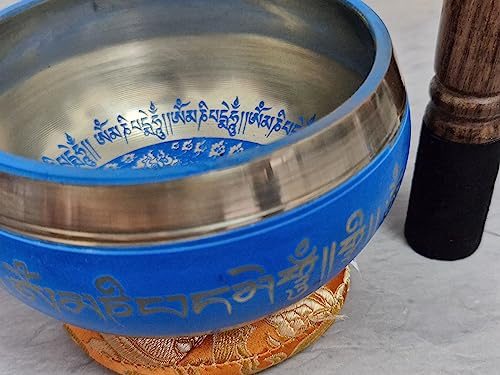 Tibetisches Klangschalen-Set mit tibetischem Mantra – einfach zu spielen, authentisch handgefertigt für Meditation, Klangtherapie, Achtsamkeit, Heilung von (blau)