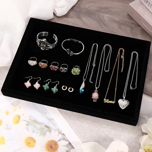 Schmucktablett aus Samt, stapelbar, leer, 35,1 x 24,1 cm | Schmuck-Organizer für Ohrringe, Halsketten, Armbänder, Ringe, Vitrine – Schwarz