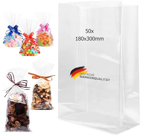 Kreuzbodenbeutel aus OPP, Kreuzbodenbeutel, Zellophantüte, Plätzchentüte, Geschenktüte, Candybar, Geburtstag, Babyparty, transparent, durchsichtig, versch. Größen (50 Stück, 180x300mm)