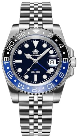 ADDIESDIVE Mens GMT Watch Watch Swiss 515-24H Quartz Movement Waterproof 200 M BGW9 Blue Luminous