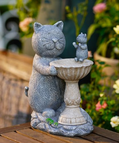 Goodeco Katze Gartenfiguren für draußen Vogeltränke - wasserdichte Harzskulptur mit Solarleuchten Gartendekoration für draußen Balkon Terrassen Geschenke für Frauen Mama Grau
