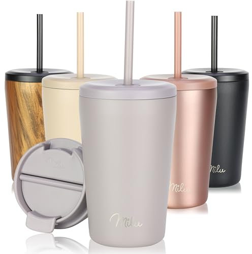 Milu Thermobecher 400ml - 100% Auslaufsicher - Edelstahl Kaffeebecher to go isoliert mit Strohhalm hält 10h heiß / 20h kalt, BPA-frei (Taupe Grau, 400ml)