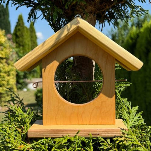 DARLUX Meisen Knödel Halter I mit Dach I aus Holz I Naturbelassen I Vogelfutterspender zum Hängen mit Stab I für Äpfel und Meisenknödel