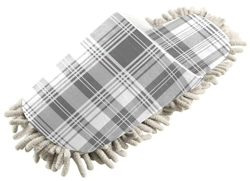 Lyeorm Grey Plaid Microfiber Cleaning Slippers Washable Floor Mop Slippers Men and Women House Dusting Slippers - L