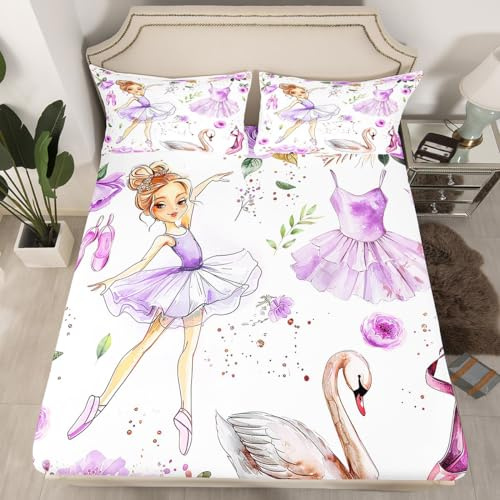 Ballet Dance Girl Bed Sheet King Size,Purple Dancing Dress Shoes Fitted Sheet for Kids Teens Adults Bedroom Decor,Dreamy Swan Watercolor Flowers Bed Cover 3pcs,2 Pillowcases,No Top Sheet