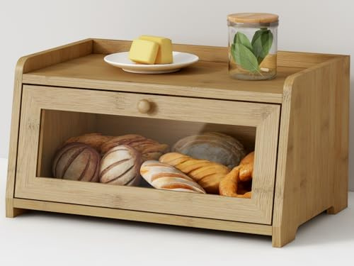 Goozii Boîte à pain en bois pour comptoir Kithcen, récipient de rangement rustique pour pain fait maison, petit organisateur de pain avec fenêtre (bambou naturel)