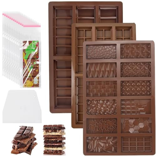 PHPHIXI 3 Stück Schokoladenform Silikon,Silikonform Schokolade mit Schaber und Tasche,Dubai Schokolade Original,Schokoladenform für Nüsse Schokolade Backen