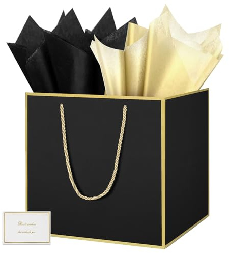 HONTIUS 11.8 Quadratische Geschenktüten, Geschenktüten Groß Geschenktüte xxl mit Taschentuch und Karten, Schwarz Goldene Linie Geschenk Tüte Papiertüten mit Henkel 30*30*30cm Gift Bag Bags 1 Stück