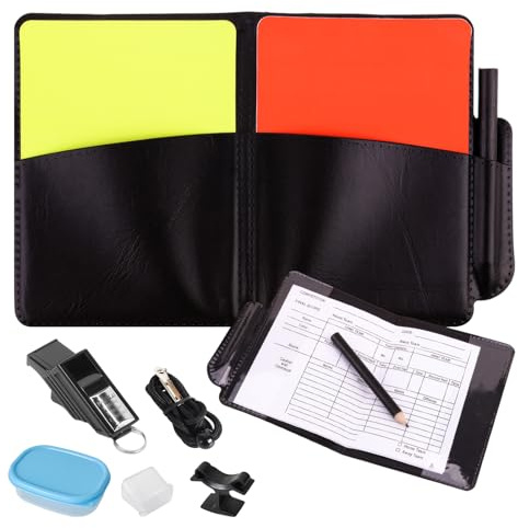 DEARBAG Set Arbitri, Set di Fischietti per Arbitri Professionali, Tabellone Segnapunti Rosso e Giallo, Portacarte, Fischietto con Protezione per Clip da Dito per Partite di Calcio e Sportive
