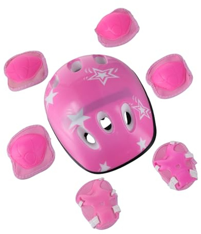 Qsvbeeqj Juego de 7 piezas de equipo de protección para niños con tocado, codera, muñequera, rodilleras para patinaje, patineta, ciclismo