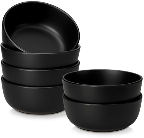 vancasso PLAYA – Uppsättning med 6 keramiska flingskålar (900 ml) – frukostskålar, perfekta för flingor, sallader, soppa, ramen, frukt eller dessert, mikrovågsugn- och diskmaskinssäkra – svart
