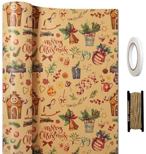 HaloCasa Geschenkpapier Weihnachten Set - 1 Rolle braunes Recycling-Kraftpapier im Hüttenmotiv (43cm x 15m) mit Juteband und Klebeband - ideal für Adventskalender, Geschenkverpackung & Basteln