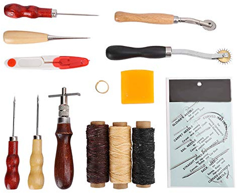 ANKROYU 14-teiliges Leder-Handnäh-DIY-Näh-Bastelwerkzeug-Set mit Fingerhut, Schere, Ahle, Zubehör für Leder, Papier, Stoff, Schuhe, Taschen, DIY-Handwerk