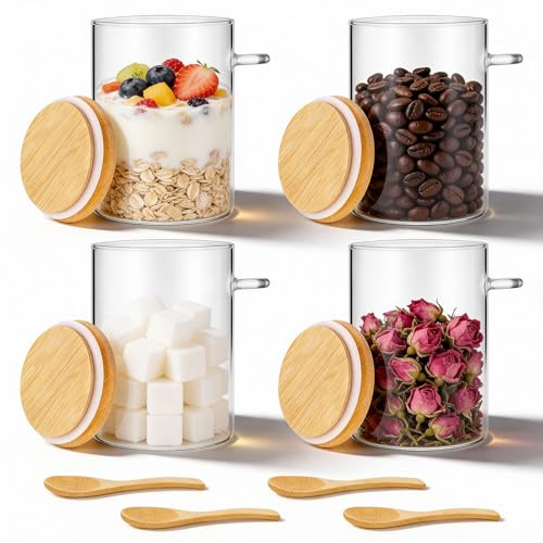 Hejo 4 Pièces Bocal en Verre avec Couvercle Hermétique et Cuillère, 500ML Pot en Verre, Overnight Oats Jar, Bocaux de Conservation pour Épices Thé Noix Graines Pâtes Farine Grains de Café