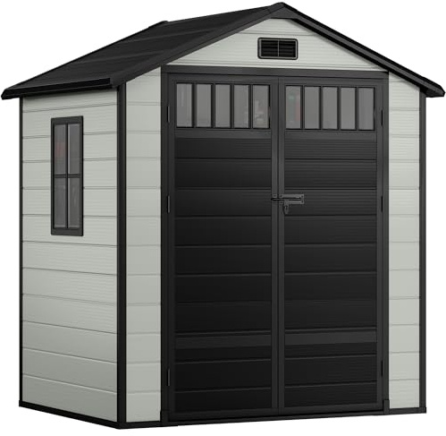 YITAHOME Kunststoff Gartenhaus(182x134x210cm) Kunstharz Aufbewahrungsschuppen für Fahrräder, Werkzeuge mit zaunartigen Seitenfenstern, abschließbarer Tür & Belüftung für Garten, Terrasse,Bluish-Gray