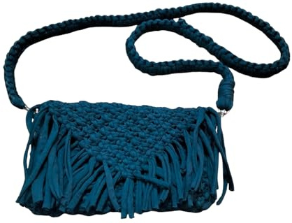 Genérico Bolso de Macramé en Trapillo Hecho a Mano, Diseño 2 en 1 Bandolera y Clutch, Estilo Boho Chic con Flecos, Color Azul Petróleo/Blanco Roto