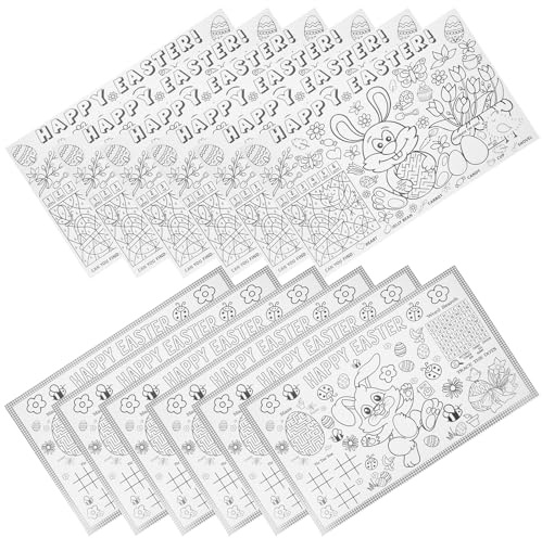 DECHOUS 12 Tovagliette Pasquali da Colorare in Carta, Sottopiatti Fai da Te, Decorazioni Tavola di Pasqua Conigli e Uova, Set 2 Modelli da 6 Pezzi per Attività Creative