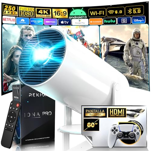 REKION® [Apps INTEGRADAS] Super Pack Mundial Proyector Portatil HY.300 4K + Pantalla 60 Pulgadas | HDMI Incluido + 1080P Full HD 250 ANSI 9000 Lúmenes | WiFi 6 Bluetooth 5.0 | Android 13 | 180°
