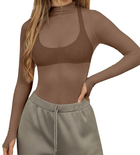 Maglietta a maniche lunghe da donna trasparente, colore carne, top in rete, sexy, trasparente, a maniche lunghe, body a maniche lunghe, body da tuta, top intimo, camicetta in tulle, casual, da