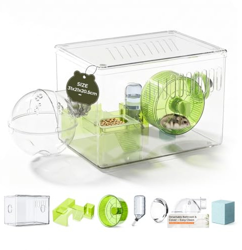 Biigdan 360° Panoramique Ventilation Cage Hamster avec 7 Accessoires | 2 Couches Cage Hamster,31.5x21.5x20.5cm,Cage Hamster Russe avec Roue D'exercice,Salle Bain,Rampe,Cabine,pour Souris, Hamsters