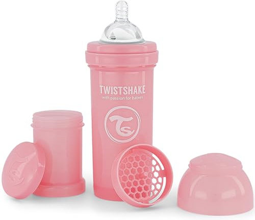 Twistshake Antikolik-ventil Nappflaska 260 ML, Babyflaska med Medium Flöde Silikon Flasknappar för 2+ Månader Barn, Mjölkpulverdispenser, Pastellrosa