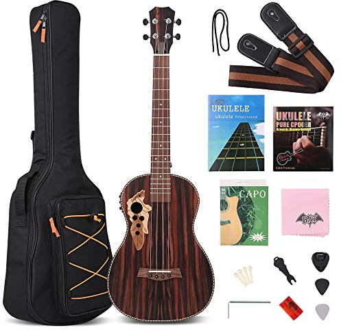 Baritone Ukulele Electric 30 Inch All Blackwood Acoustic Ukelele Kit with Truss Rod with EQ with Gig Bag,Strap,Nylon String,Electric Tuner,Pick,shaker
