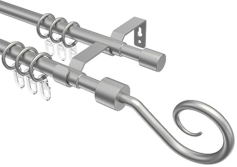 INTERDECO Gardinenstange ausziehbar 16/13 mm 2-läufig, Landhaus Teleskop-Vorhangstange aus Metall und Kunststoff, Silber-Grau, zur Wandmontage, Typ 12163221, 130-240 cm