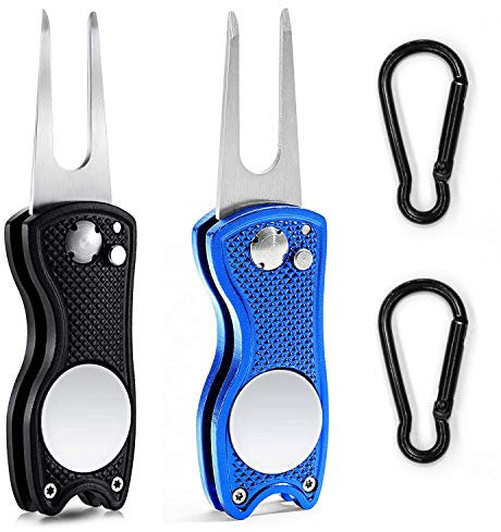 YYWEi Golf Pitchgabel 2Stk Golf Divot Reparatur Pop-up-Taste und Magnetischer Kugelmarkierung Edelstahl Pitchgabeln für Golf Club-Sport im Freien (mit 2 x Karabinerhaken)