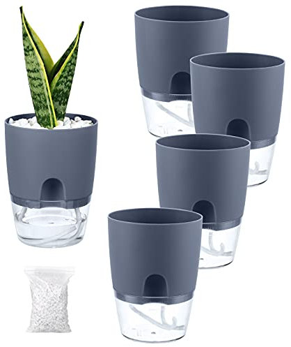 Selbstbewässernde Töpfe für Zimmerpflanzen, Outdoor, 5er-Pack, 10,2 cm, selbstbewässernder Übertopf, Pflanztöpfe mit dekorativen Steinen, Blumentöpfe für den Innenbereich, Grau