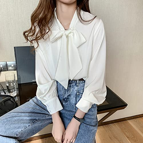CWENROU Chemises Décontractées pour Femmes - Mode Lâche Blouse Coréenne Printemps Et Été Satin Blouse en Mousseline De Soie Femmes Mode Blanche Chemise À Manches Longues Bureau Dames Bowknot Vêtemen