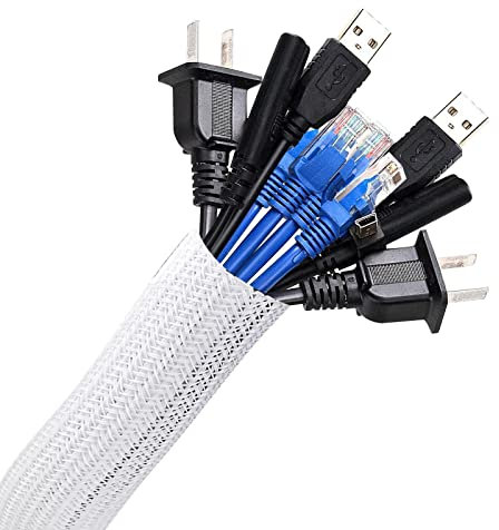 AGPTEK 2m Kabelschlauch, 25-39mm selbstschließend Kabelkanal, Flexibler gewebter Kabelmantel, Kabelmanagement für Schreibtisch, TV, Computer, PC, Kabelschutz für Hund, Katze, Weiß