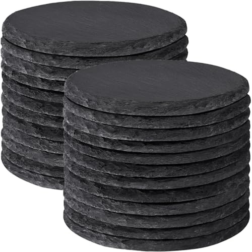 24 PCS Slate Drink Coasters Bulk, MAPRIAL 4 Inch Round Black Rustic Stone Coasters, Laser Engraving Blanks with Anti-Scratch Backing for Engraver, Wedding, Gifts, Home Decor, Bar