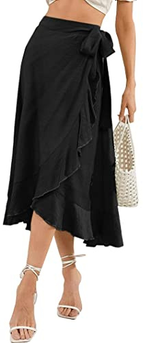 FEOYA Women's High Waisted Tie Wrap Midi Skirts Plain Ruffle Hem Split Maxi Wrap Skirts Casual Summer Beach Long Skirts Black XL