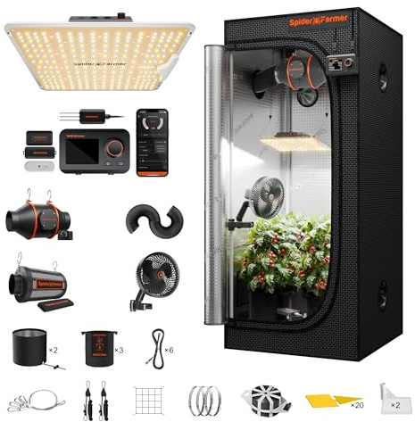 Spider Farmer Kit complet SF1000 Samsung LM301H EVO Diodes dimmable 70 x 70 x 160 cm Système complet Ensemble de tente de culture avec ventilateur 10,2 cm et régulateur