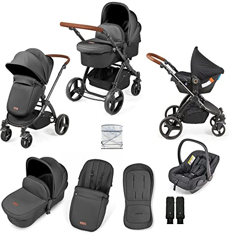 Stomp Urban 3 in 1 Travel System Pushchair with Astral Car Seat and Accessories (Charcoal Grey) – Birth to 22kgs (Approx. 4 Years), Lightweight City Stroller with UPF 50+ Hood and Rain Cover